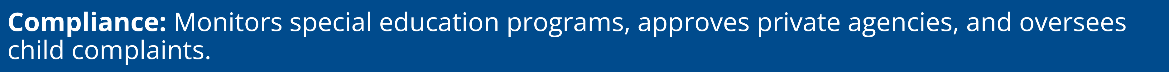 Monitors special education programs, approves private agencies, and oversees child complaints.