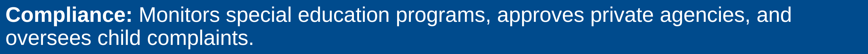 Monitors special education programs, approves private agencies, and oversees child complaints.