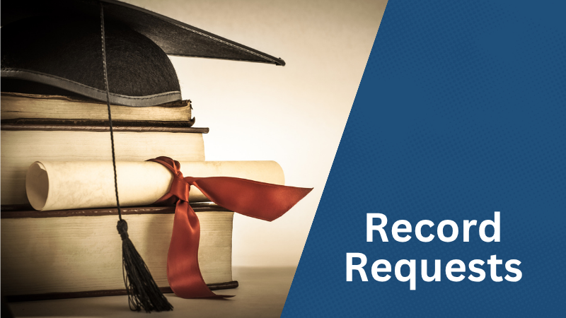 "Record Request." Image of a mortar board on top of books, with a diploma.