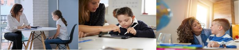 Three image block teacher and student at table, teacher with child with special needs, para with preschooler