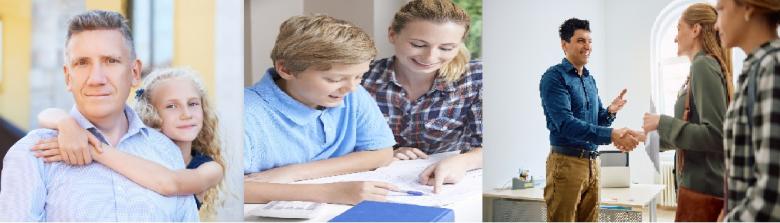 Parents with child and school official with parent and student