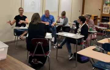 A group of six librarians discussing a topic together at the MASL 2025 Summer Professional Development event