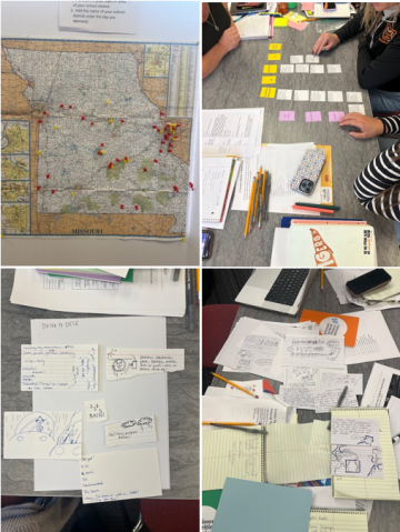 Four Images: Map of the state of Missouri with location pins of educators’ school districts. Notes are being organized by teachers in a collaborative effort to categorize terms. Short drafts of graphic novel ideas are organized on a table for teachers to do a gallery walk.A conglomeration of writing produced by educators under the instruction of the presenters as educators were guided through implementation processes to products.